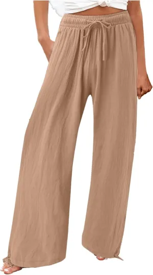 Palazzo Pants for Women Drawstring High Waist Summer Casual Boho Pants Straight Wide Leg Plus Size Loose Fit Trousers