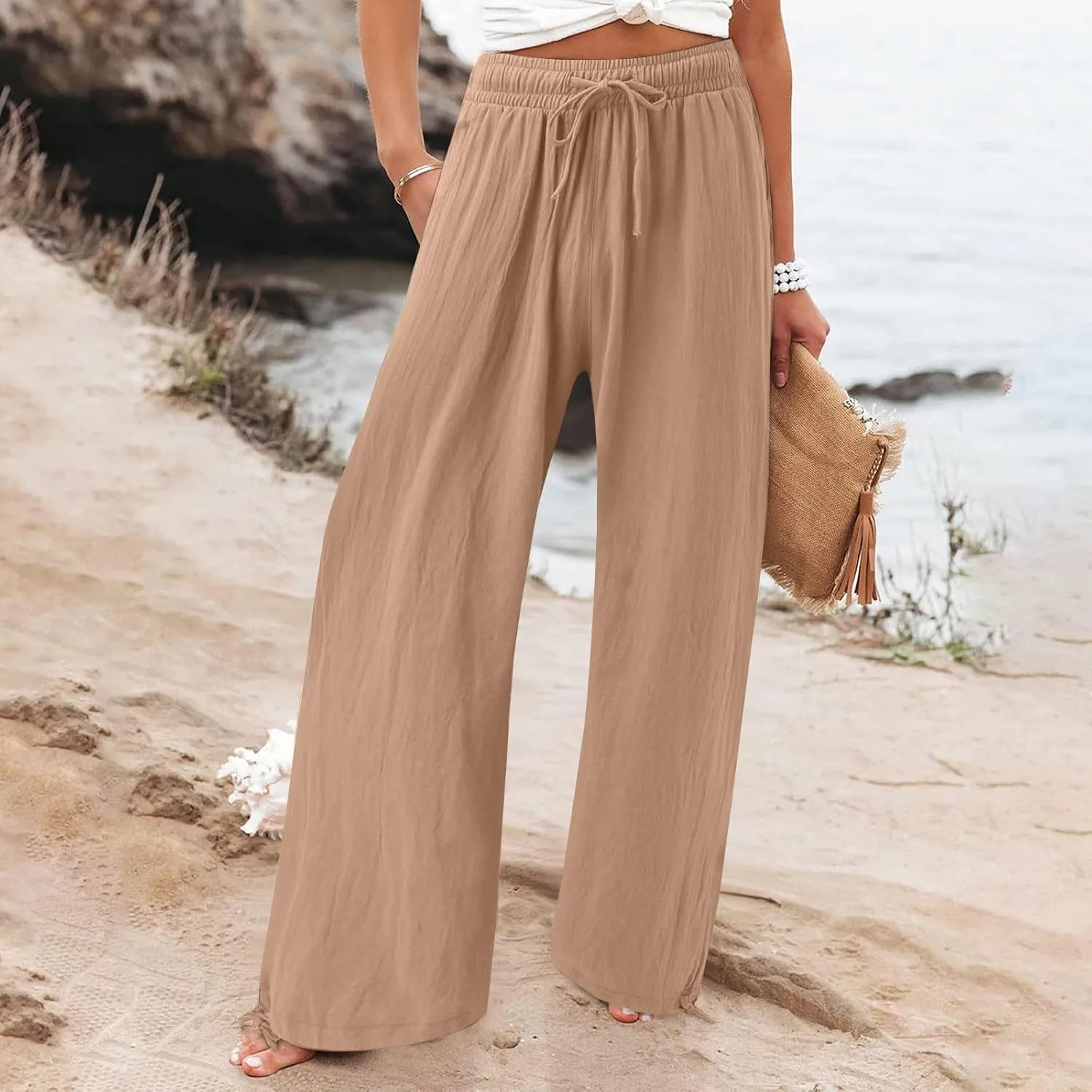Palazzo Pants for Women Drawstring High Waist Summer Casual Boho Pants Straight Wide Leg Plus Size Loose Fit Trousers
