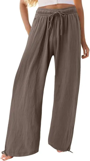 Palazzo Pants for Women Drawstring High Waist Summer Casual Boho Pants Straight Wide Leg Plus Size Loose Fit Trousers