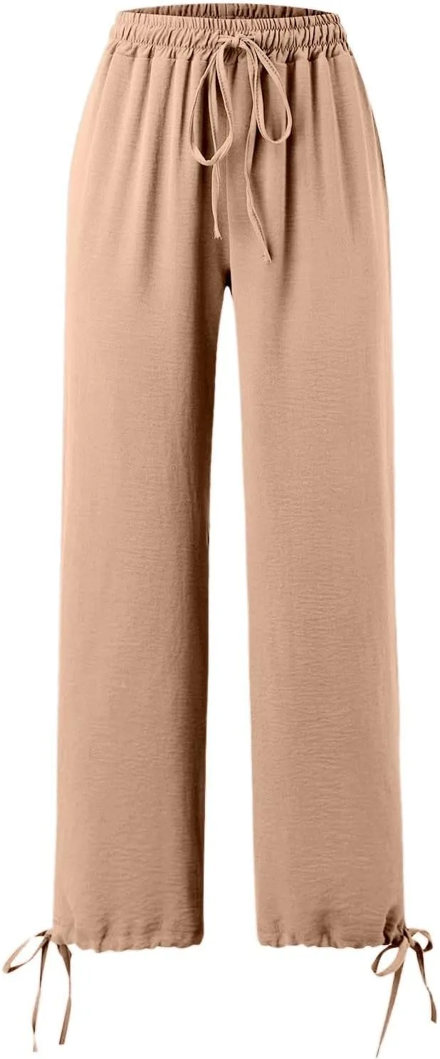 Palazzo Pants for Women Drawstring High Waist Summer Casual Boho Pants Straight Wide Leg Plus Size Loose Fit Trousers