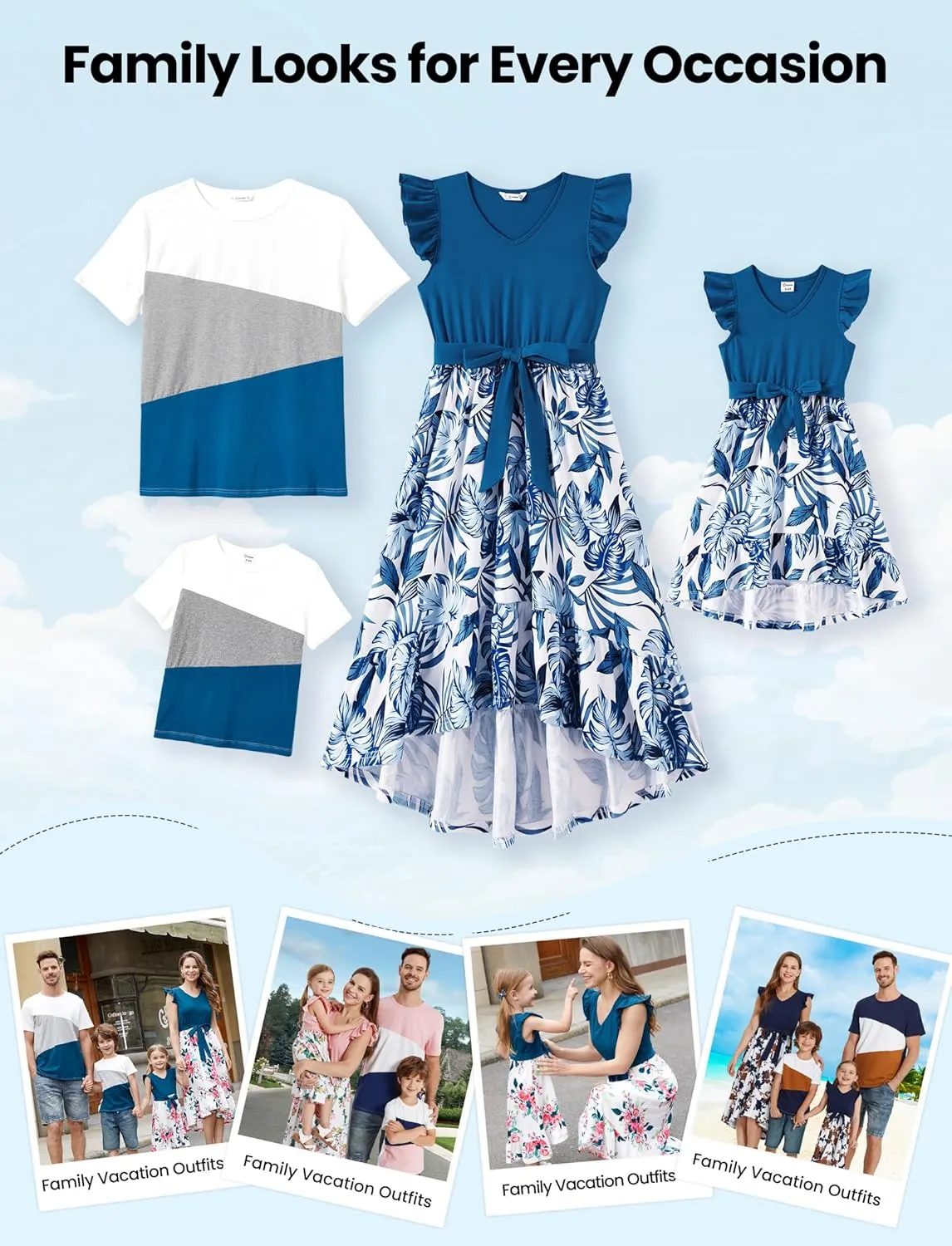 PATPAT Family Matching Outfits Summer Beach Tropical Holiday Ruffle Sleeve Mommy and Me Dresses and T-Shirts Sets