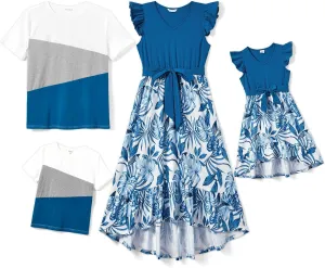 PATPAT Family Matching Outfits Summer Beach Tropical Holiday Ruffle Sleeve Mommy and Me Dresses and T-Shirts Sets