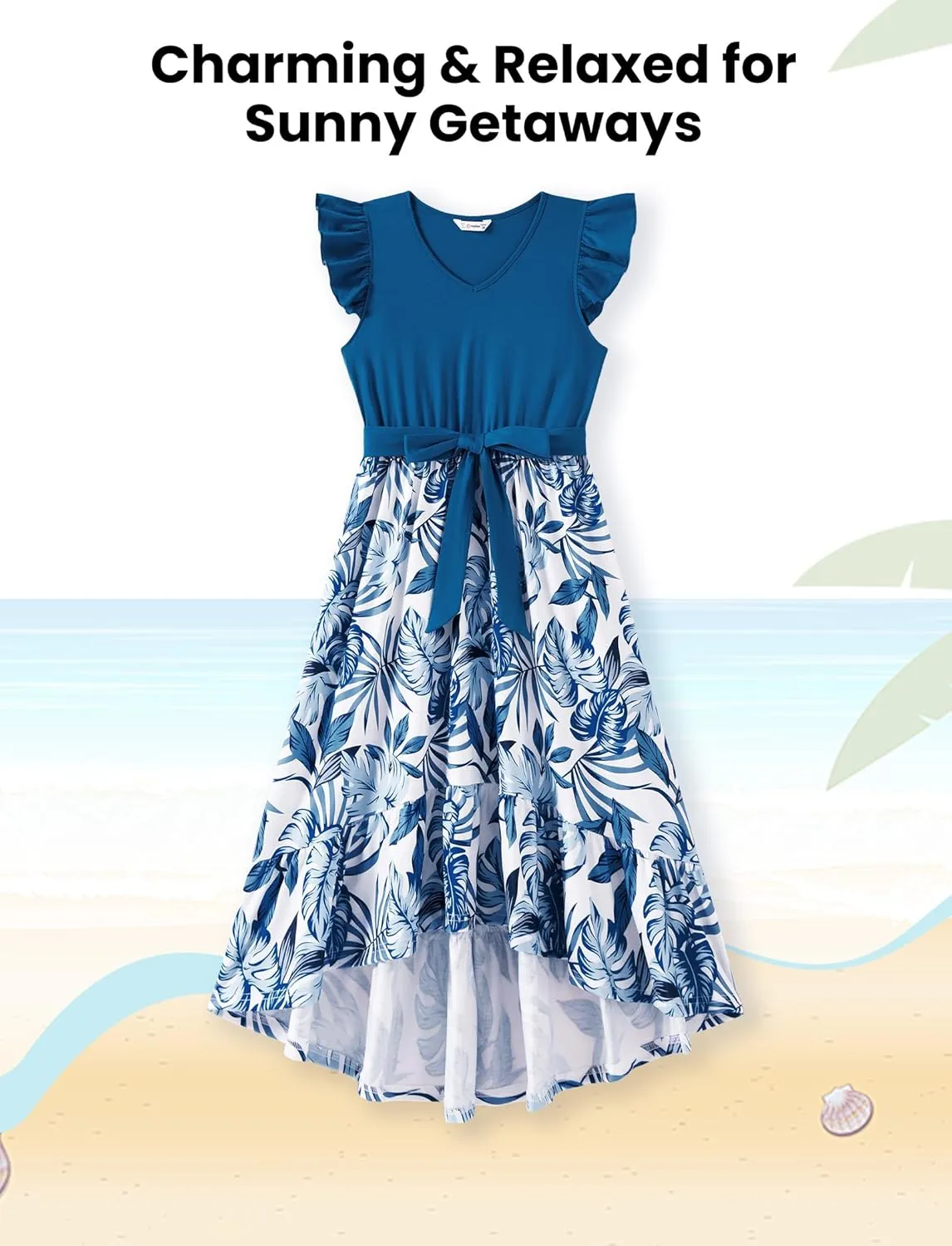 PATPAT Family Matching Outfits Summer Beach Tropical Holiday Ruffle Sleeve Mommy and Me Dresses and T-Shirts Sets