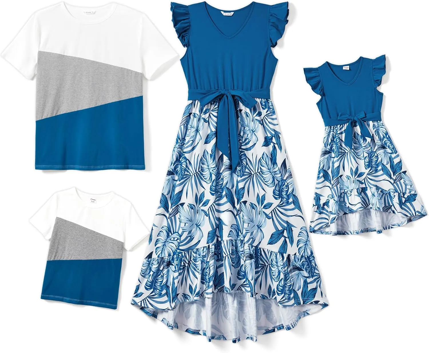 PATPAT Family Matching Outfits Summer Beach Tropical Holiday Ruffle Sleeve Mommy and Me Dresses and T-Shirts Sets