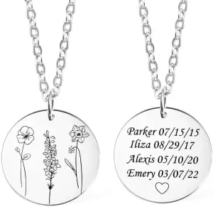 Personalized 1-4 Combined Birth Flower Necklace Gift for Her Custom Engraved Name Necklace Gift for Mom Necklaces for Women Birth Month Flower Necklace Bridesmaid Gift