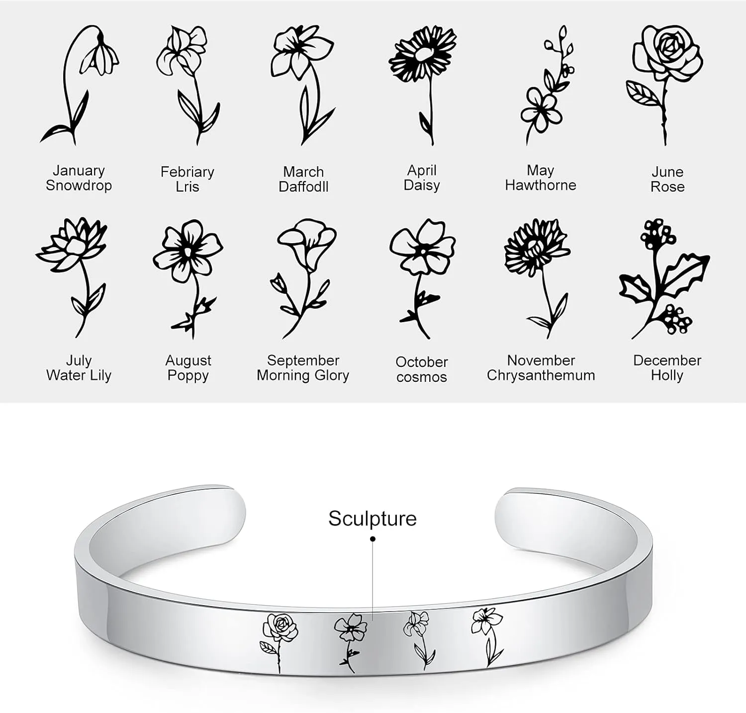 Personalized Birth Month Flower Bracelets for Women Custom Name Inspirational Bangle Bracelets Promise Gift for Her