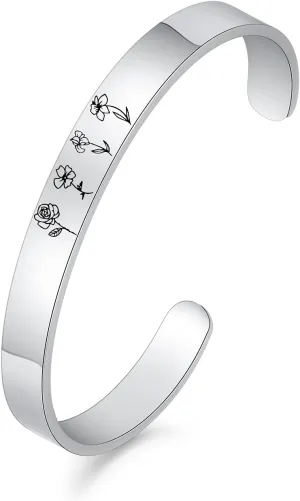 Personalized Birth Month Flower Bracelets for Women Custom Name Inspirational Bangle Bracelets Promise Gift for Her