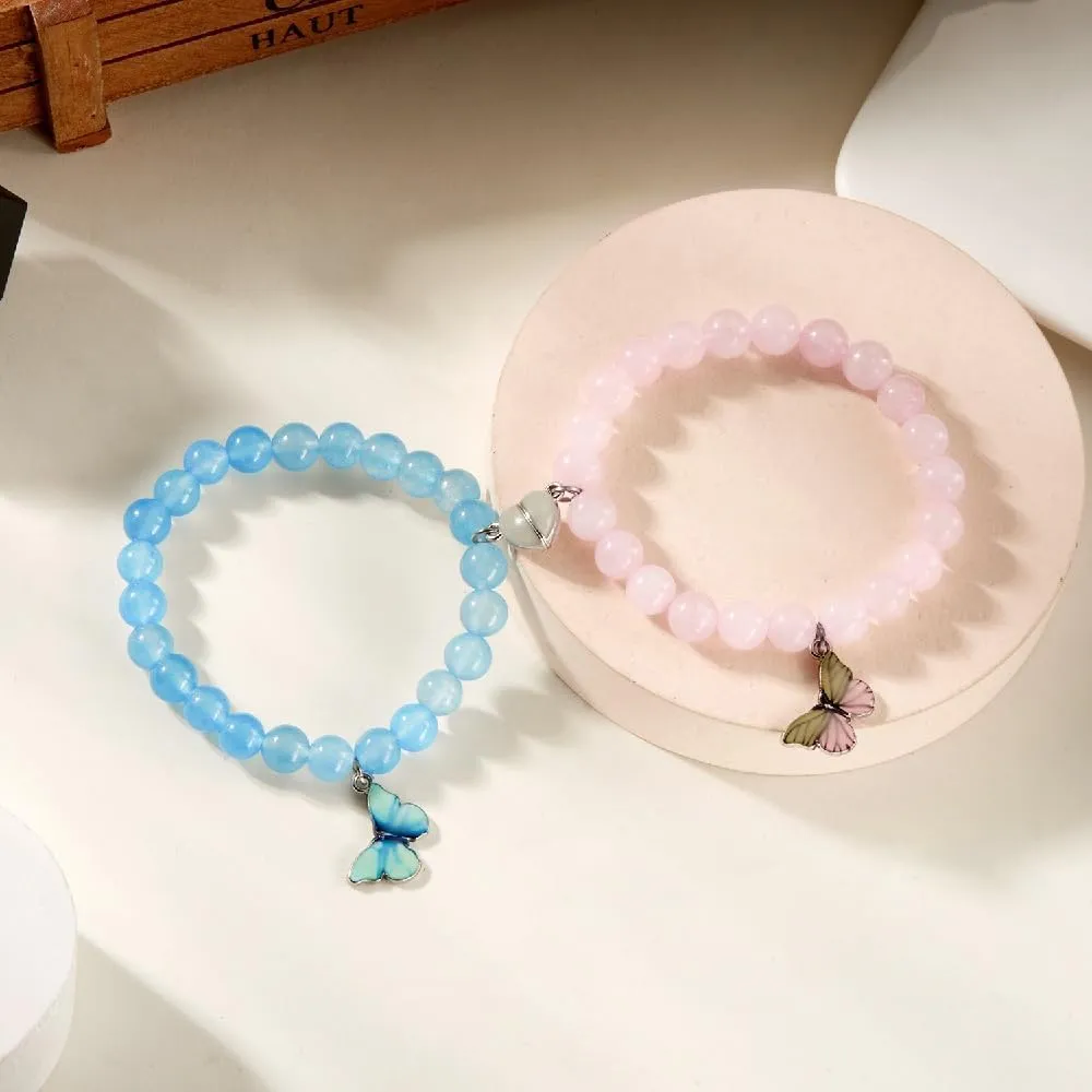 Pingyongchang Butterfly Matching Bracelets Butterfly Heart Beaded Stretch Bracelets Charm Friendship Couple Holiday Jewelry Gifts for Women