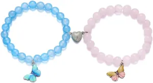 Pingyongchang Butterfly Matching Bracelets Butterfly Heart Beaded Stretch Bracelets Charm Friendship Couple Holiday Jewelry Gifts for Women