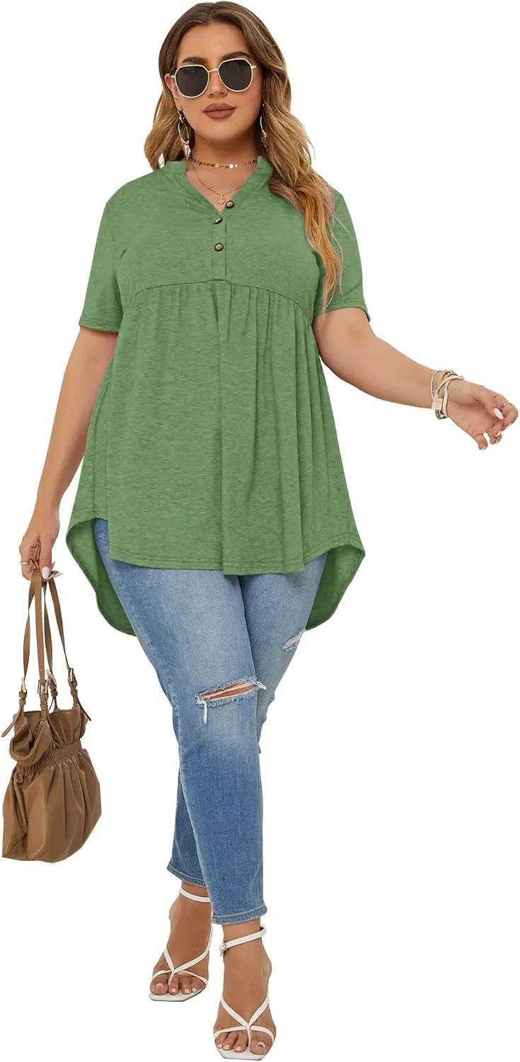 PLOKNRD Women's Plus Size Tops Short Sleeve Henley V Neck Button Up Flowy T Shirts Tunic Loose Blouses