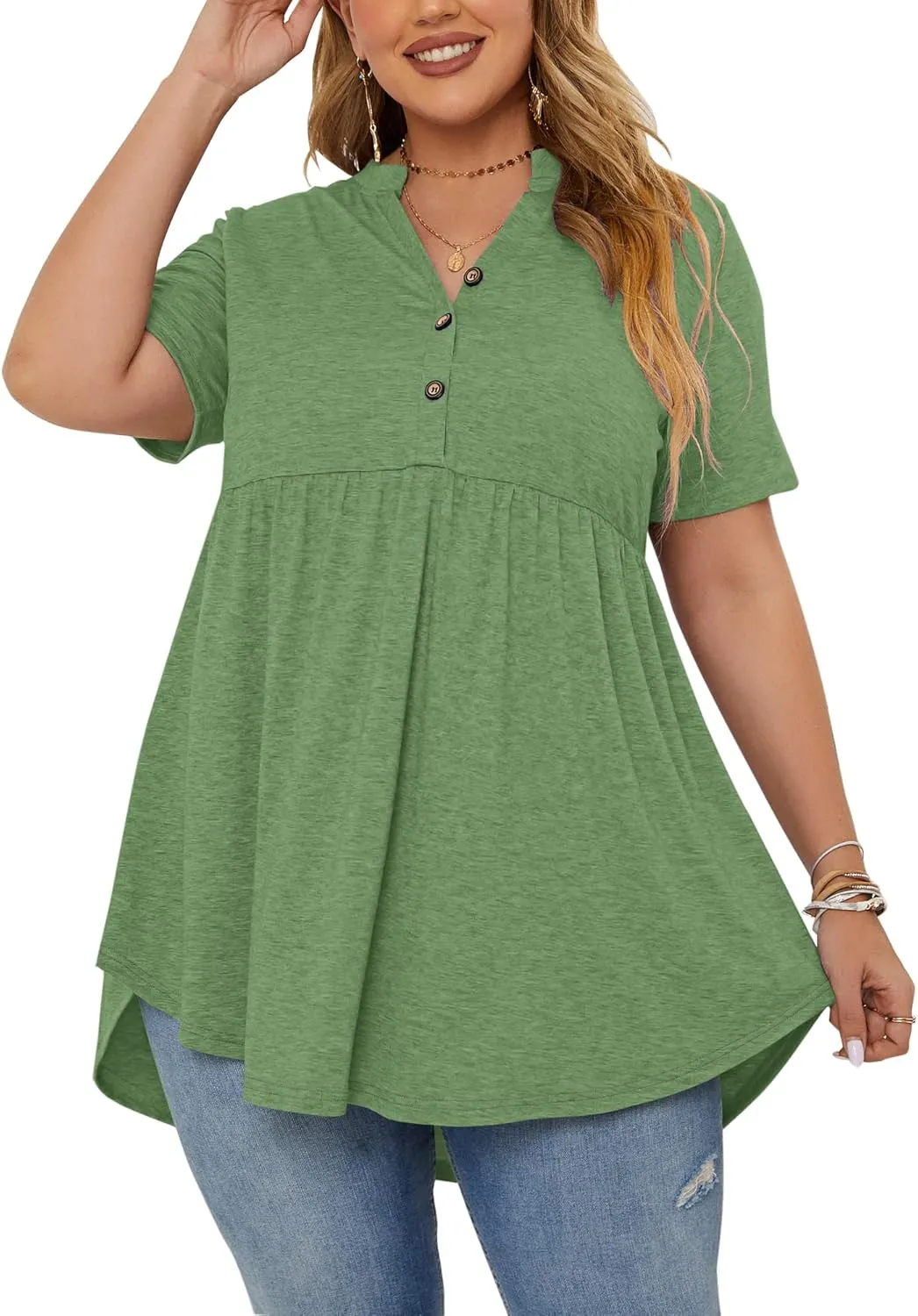 PLOKNRD Women's Plus Size Tops Short Sleeve Henley V Neck Button Up Flowy T Shirts Tunic Loose Blouses