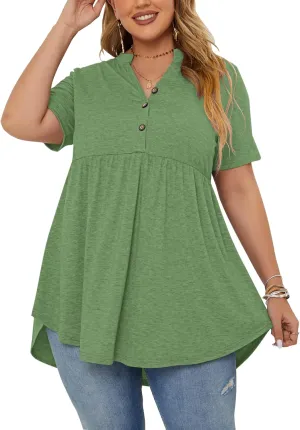 PLOKNRD Women's Plus Size Tops Short Sleeve Henley V Neck Button Up Flowy T Shirts Tunic Loose Blouses