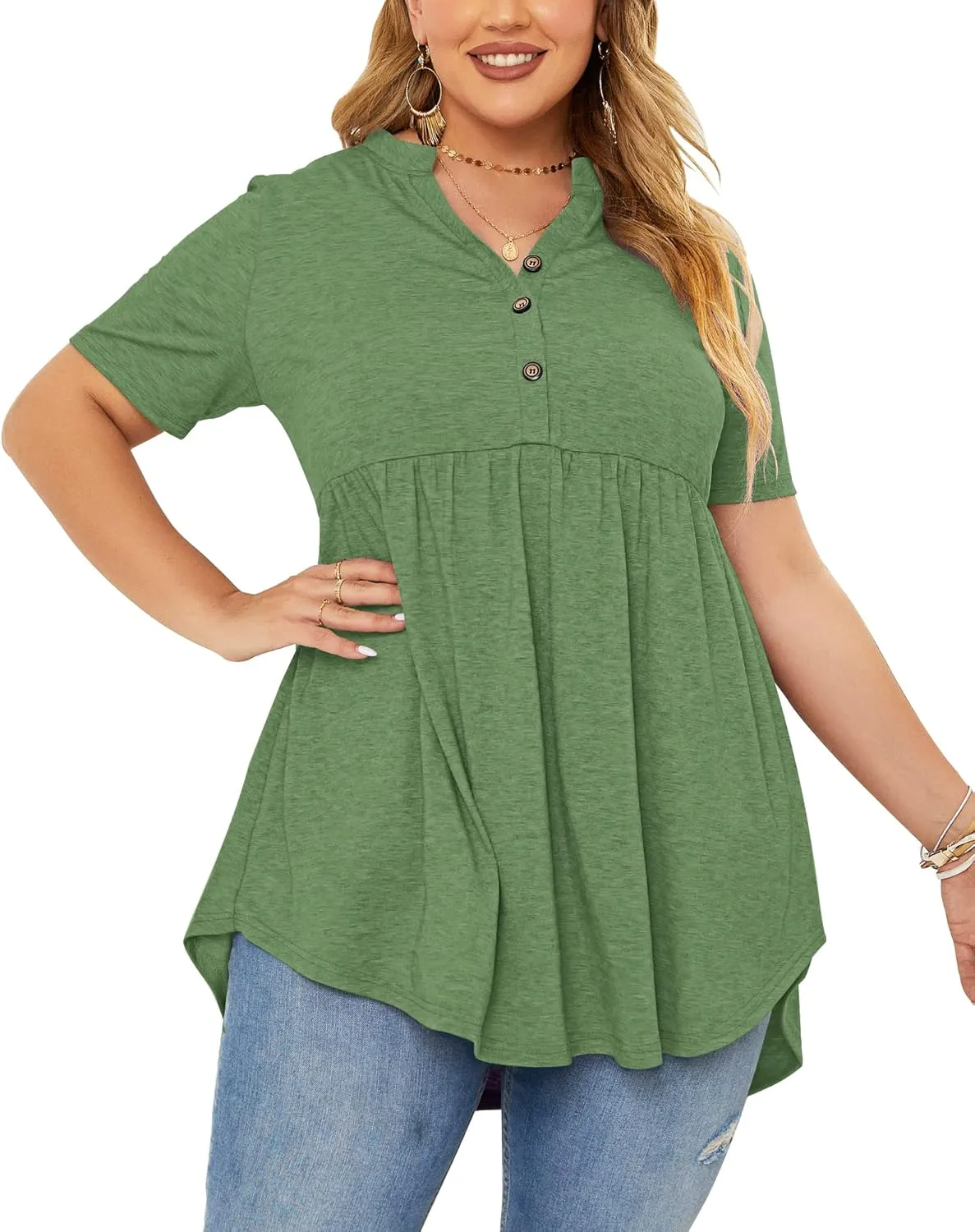 PLOKNRD Women's Plus Size Tops Short Sleeve Henley V Neck Button Up Flowy T Shirts Tunic Loose Blouses