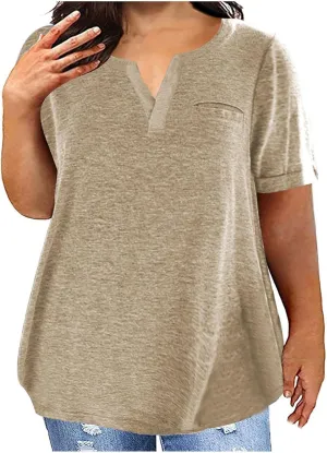 Plus Size Tops for Women Dressy Blouse Notch V Neck Oversized T Shirts Summer Casual Short Sleeve Tshirt with Pockets