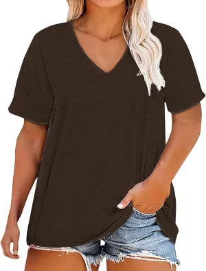Plus Size V Neck T Shirts Womens Solid Color Short Sleeve Tops Casual Summer Tshirts Loose Fit Tee