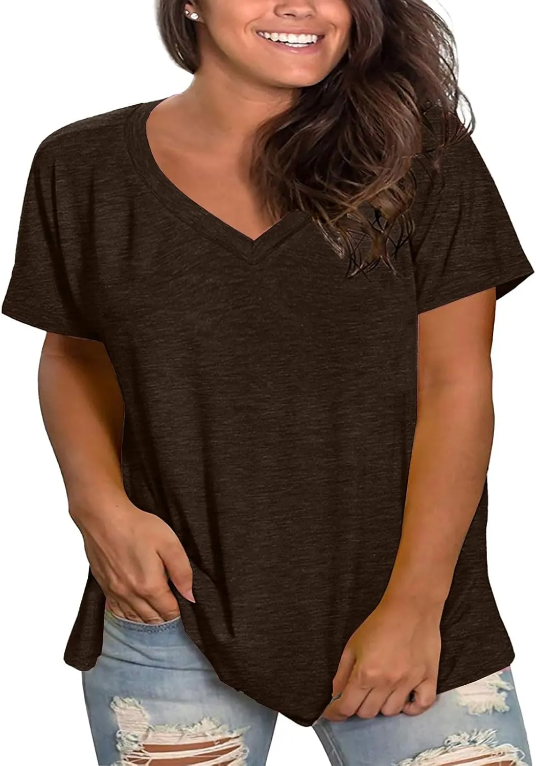 Plus Size V Neck T Shirts Womens Solid Color Short Sleeve Tops Casual Summer Tshirts Loose Fit Tee