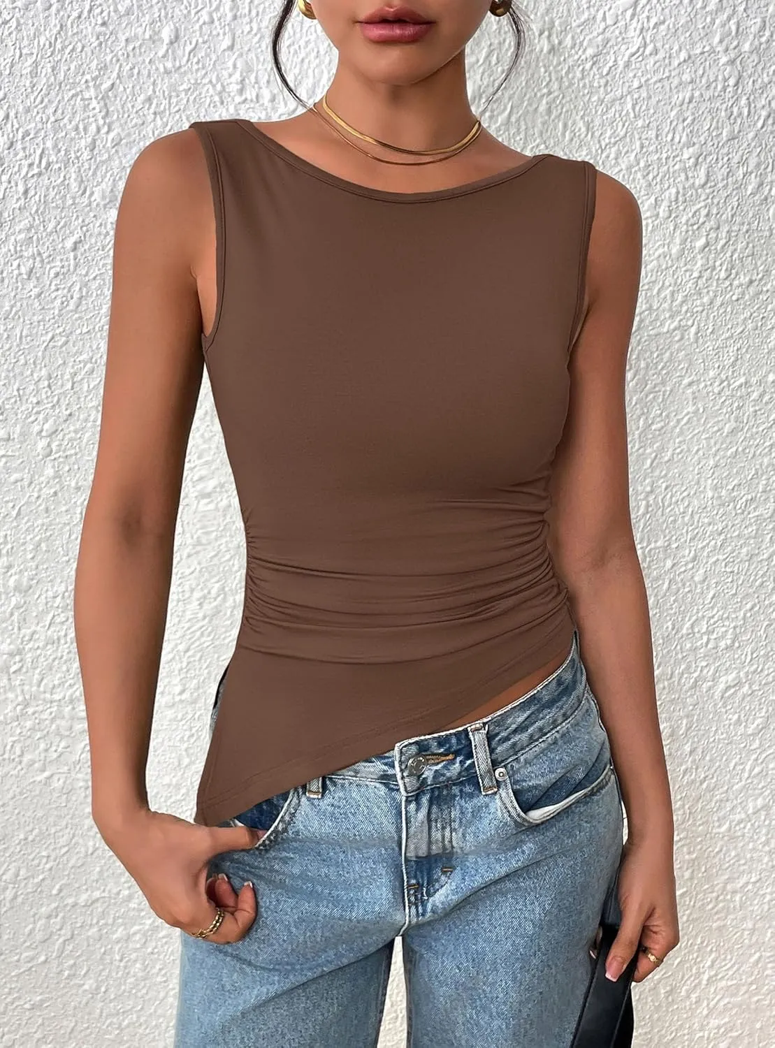 PRETTYGARDEN Womens Ruched Tank Tops 2025 Summer Sleeveless Slim Fit T Shirts Blouses Going Out Y2K Fashion Clothes