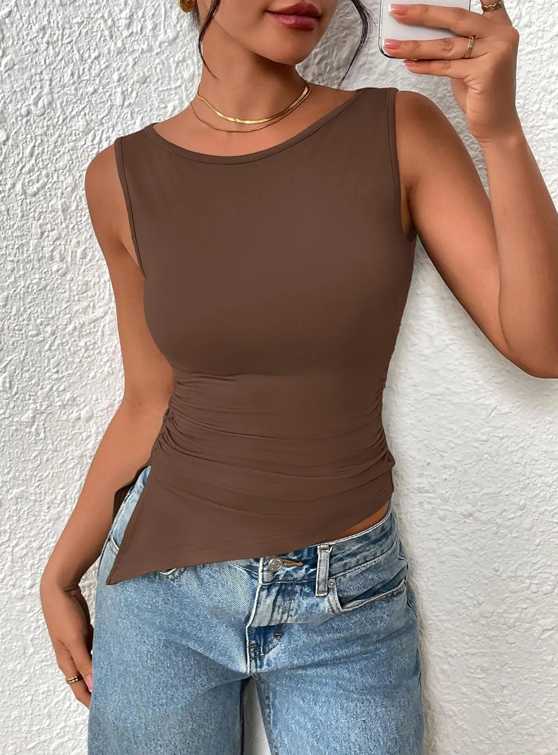 PRETTYGARDEN Womens Ruched Tank Tops 2025 Summer Sleeveless Slim Fit T Shirts Blouses Going Out Y2K Fashion Clothes