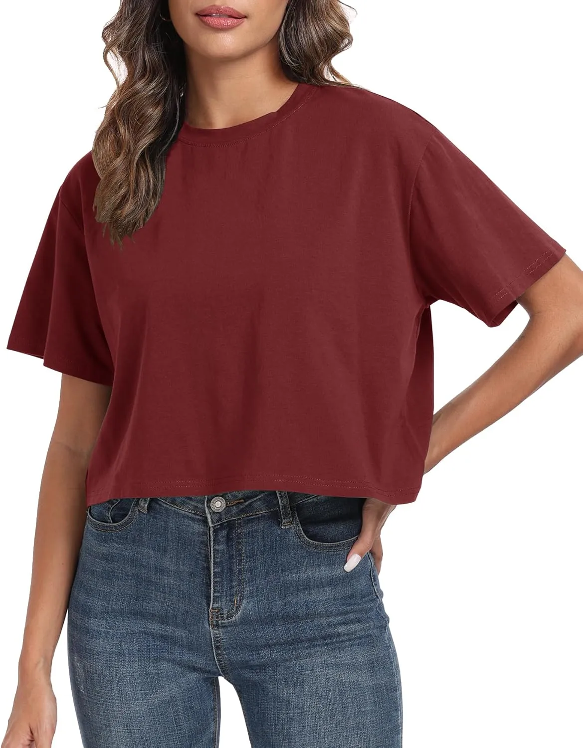 PRIMODA Women's Oversized Workout Cropped T Shirts Crew Neck Short Sleeve Casual Loose Summer Crop Tee Tops Cotton