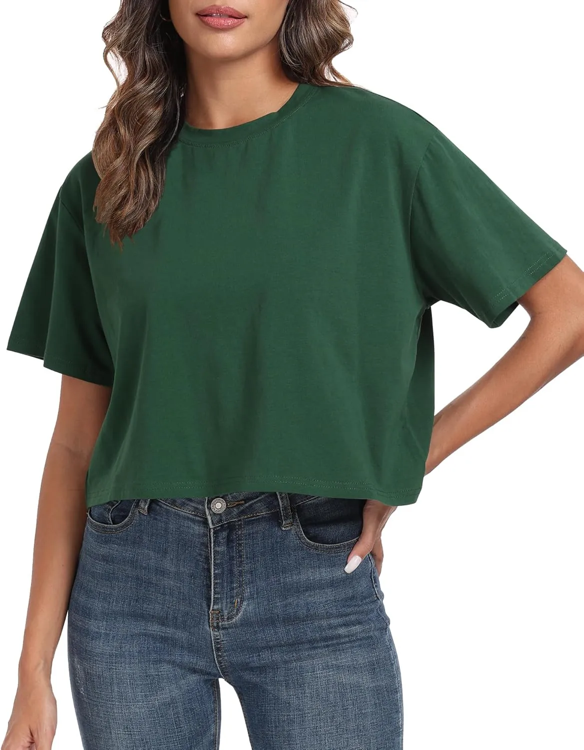 PRIMODA Women's Oversized Workout Cropped T Shirts Crew Neck Short Sleeve Casual Loose Summer Crop Tee Tops Cotton