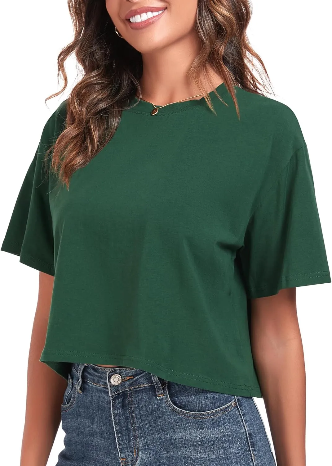 PRIMODA Women's Oversized Workout Cropped T Shirts Crew Neck Short Sleeve Casual Loose Summer Crop Tee Tops Cotton