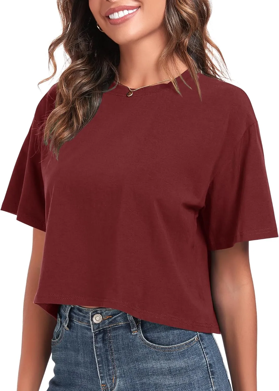 PRIMODA Women's Oversized Workout Cropped T Shirts Crew Neck Short Sleeve Casual Loose Summer Crop Tee Tops Cotton