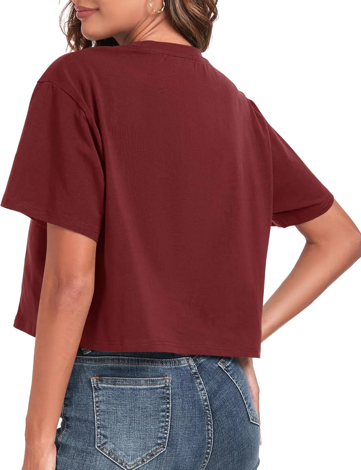 PRIMODA Women's Oversized Workout Cropped T Shirts Crew Neck Short Sleeve Casual Loose Summer Crop Tee Tops Cotton