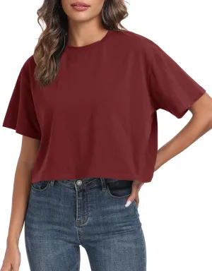 PRIMODA Women's Oversized Workout Cropped T Shirts Crew Neck Short Sleeve Casual Loose Summer Crop Tee Tops Cotton