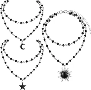 Quelay 3 Pcs Gothic Black Necklace gothic jewelry Gothic Moon Necklace Layered Black Crescent Necklace with Box Bead Onyx Necklace Christmas goth jewelry gifts for women Witch Costume goth Accessories