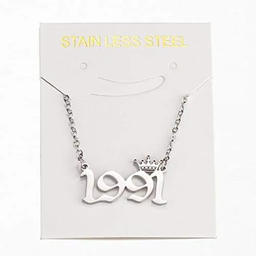 Razered Stainless Steel Year Number Necklaces for Women Unique Date Birthday Tiaras Crown Year 1984 1999 1996 1997 2002 Choker Gift Girl - silver necklace - 2015