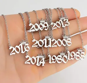 Razered Stainless Steel Year Number Necklaces for Women Unique Date Birthday Tiaras Crown Year 1984 1999 1996 1997 2002 Choker Gift Girl - silver necklace - 2015