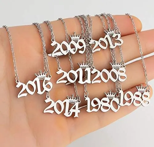Razered Stainless Steel Year Number Necklaces for Women Unique Date Birthday Tiaras Crown Year 1984 1999 1996 1997 2002 Choker Gift Girl - silver necklace - 2015