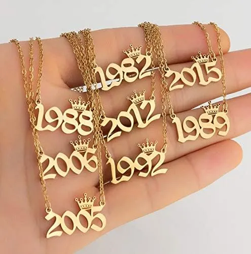 Razered Stainless Steel Year Number Necklaces for Women Unique Date Birthday Tiaras Crown Year 1984 1999 1996 1997 2002 Choker Gift Girl - silver necklace - 2015