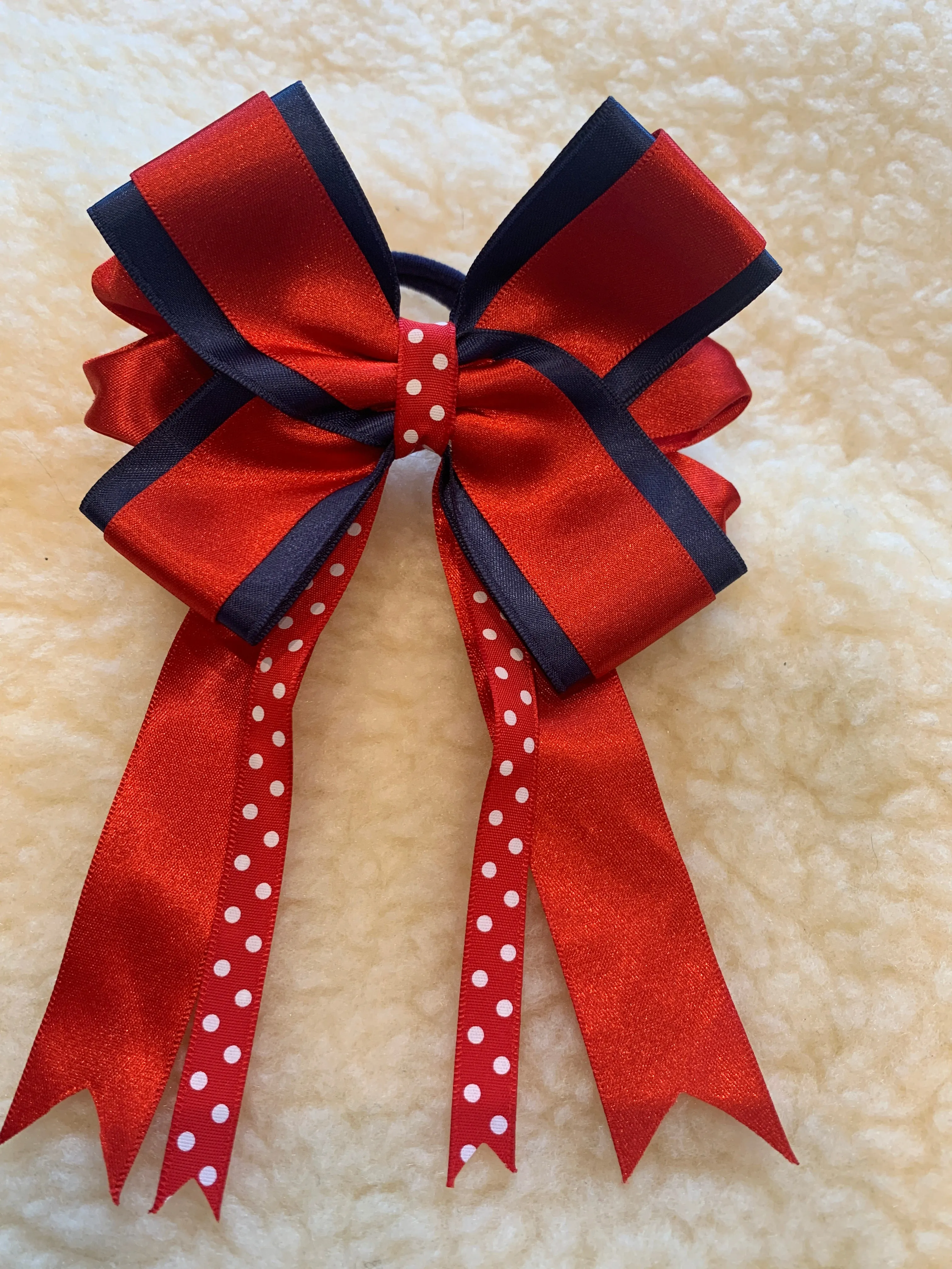 Red, Navy and white dot bows - with tails- 5”