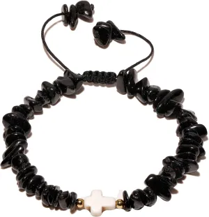 Reiki Black Tourmaline Chips Beaded Bracelets Protection Cross Charms Bracelets for Women and Men Good Luck Prayer