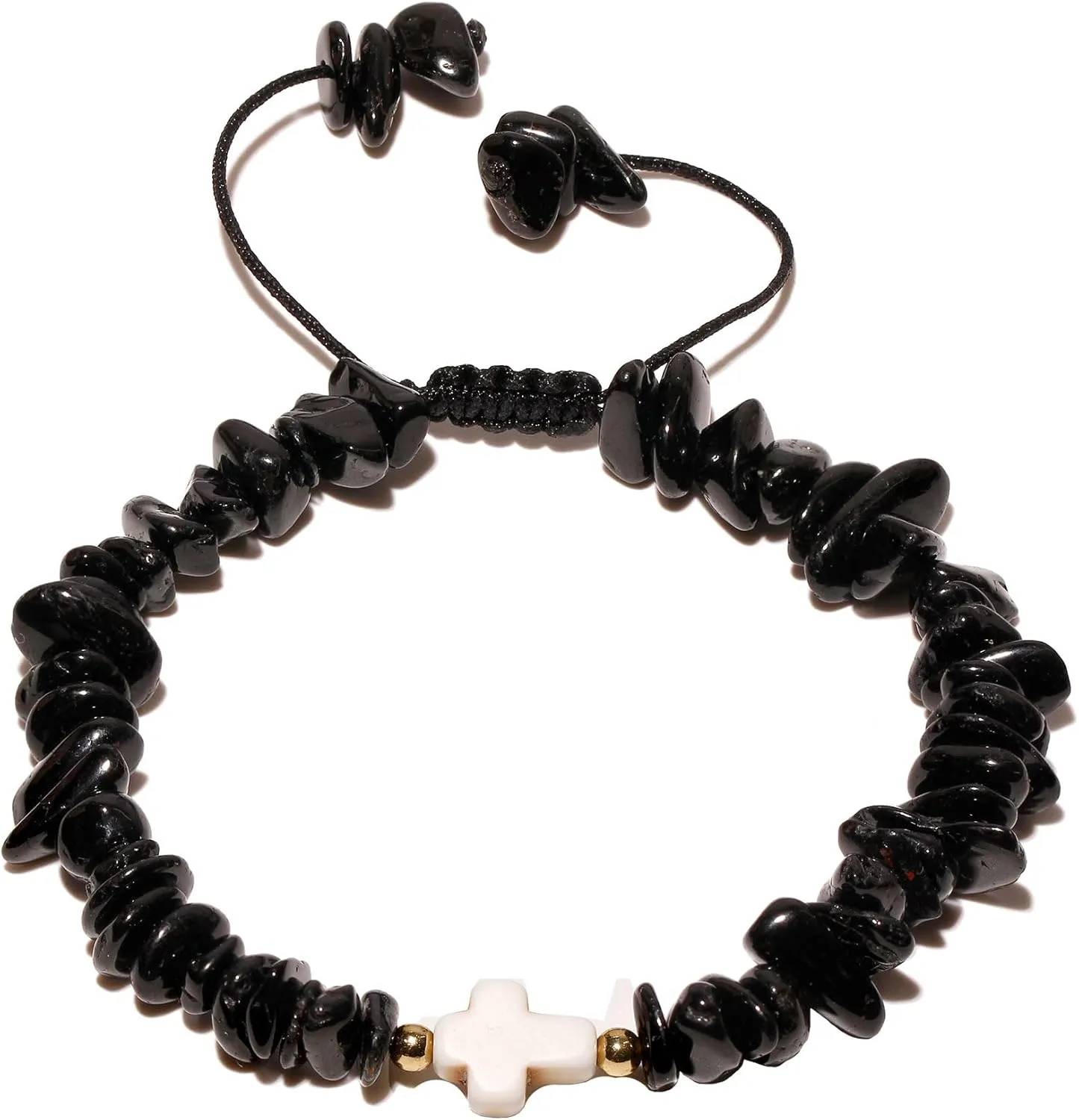 Reiki Black Tourmaline Chips Beaded Bracelets Protection Cross Charms Bracelets for Women and Men Good Luck Prayer