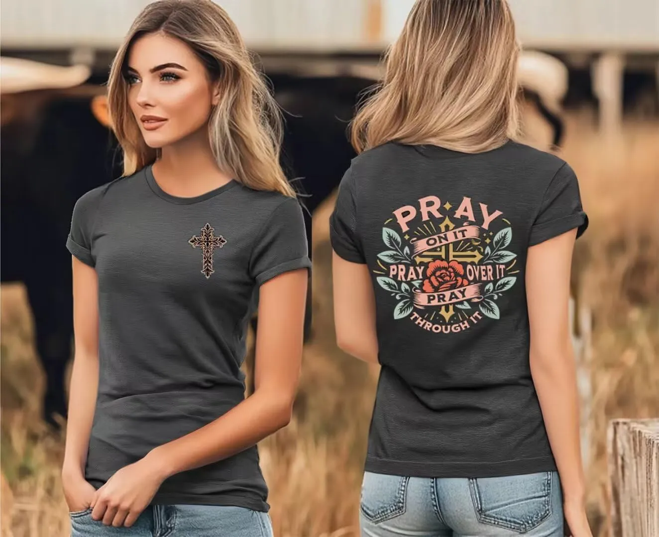 Retro Christian Jesus Faith T Shirts for Women Cross Pray Floral Printed Short Sleeve Inspirational Bible Verse Tee Tops