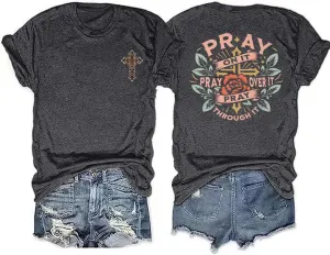 Retro Christian Jesus Faith T Shirts for Women Cross Pray Floral Printed Short Sleeve Inspirational Bible Verse Tee Tops