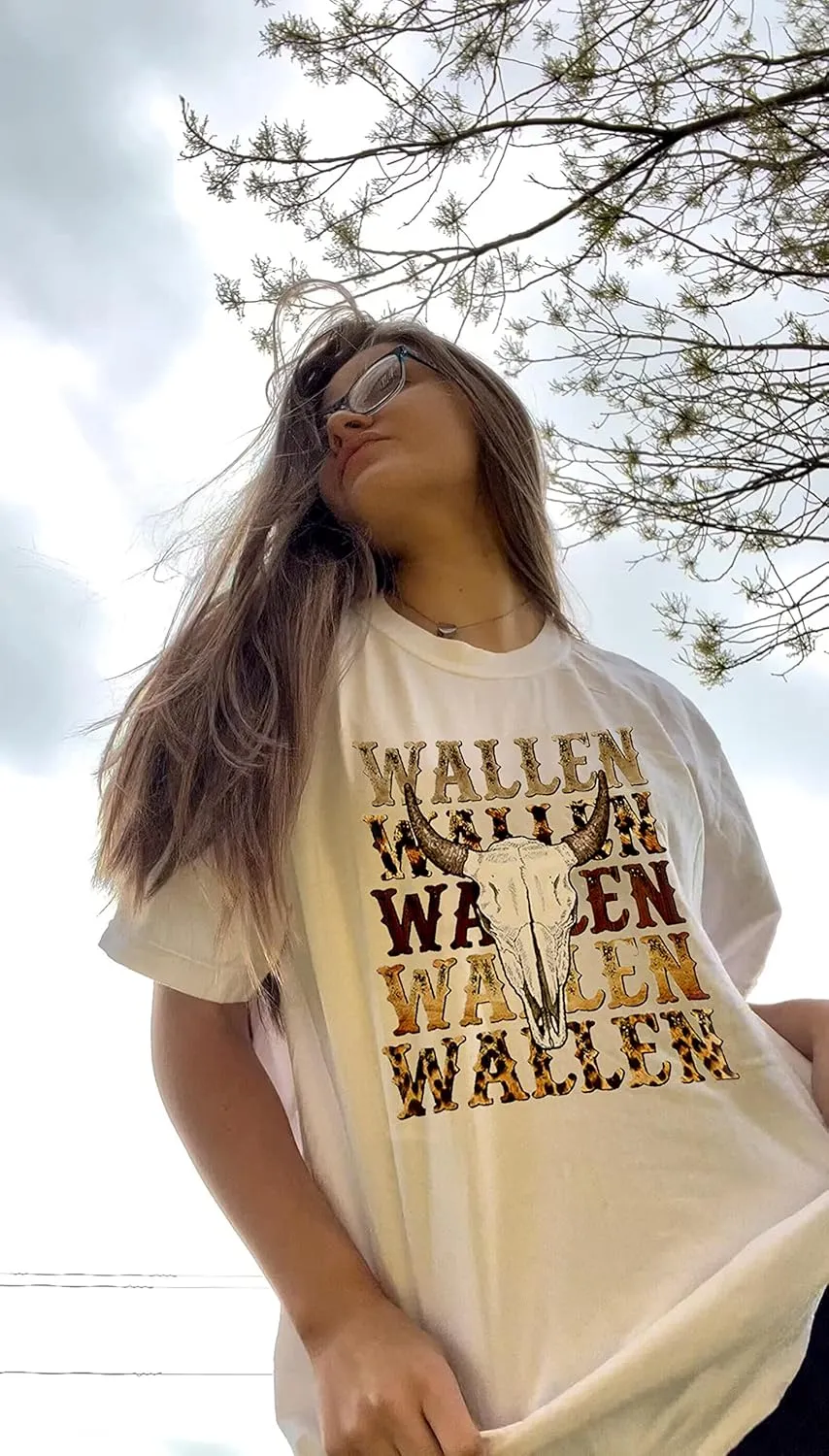 Retro Steer Skull Western T-Shirts Women Leopard Vintage Graphic Tees Country Concert Shirt Cowboy Short Sleeve Tops