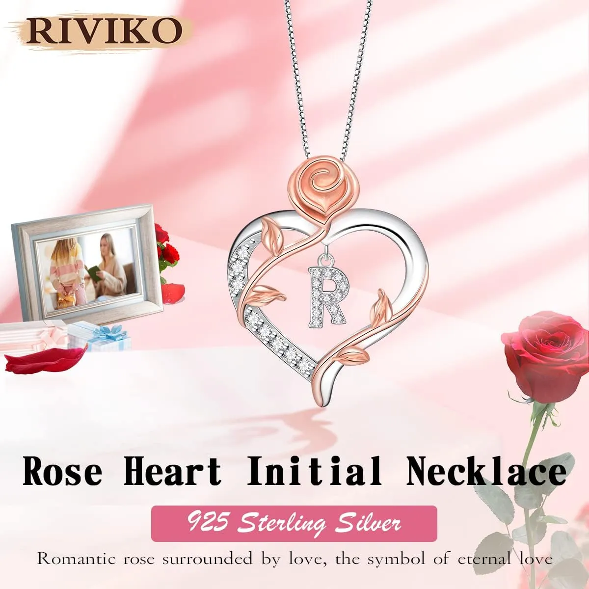 RIVIKO Graduation Gifts for Her,925 Sterling Silver Rose Circle Initial Necklaces,Initial Letter Pendant Necklaces Personalized Jewelry Anniversary Christmas Birthday Gifts for Her Mom Wife Girlfriend