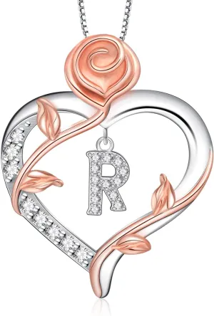 RIVIKO Graduation Gifts for Her,925 Sterling Silver Rose Circle Initial Necklaces,Initial Letter Pendant Necklaces Personalized Jewelry Anniversary Christmas Birthday Gifts for Her Mom Wife Girlfriend
