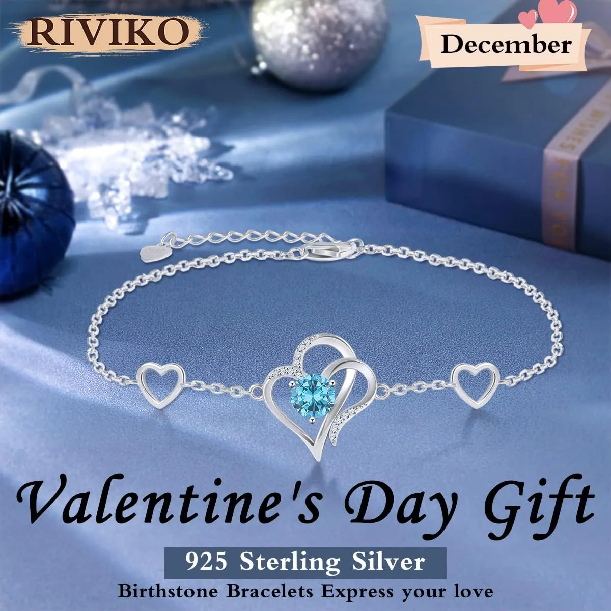 RIVIKO Love Heart Charm Bracelet For Women 925 Sterling Silver With Zirconia Birthstone Bracelets Adjustable Link for Mother Wife Sister Birthday Mother's Day Anniversary Jewelry Gift