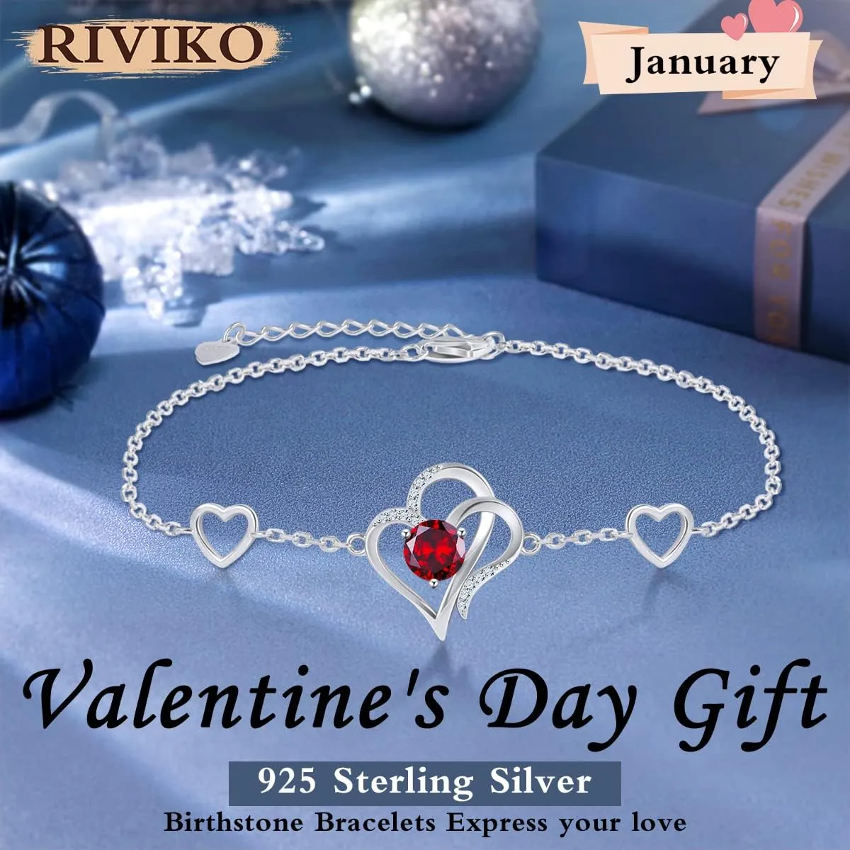 RIVIKO Love Heart Charm Bracelet For Women 925 Sterling Silver With Zirconia Birthstone Bracelets Adjustable Link for Mother Wife Sister Birthday Mother's Day Anniversary Jewelry Gift
