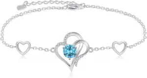 RIVIKO Love Heart Charm Bracelet For Women 925 Sterling Silver With Zirconia Birthstone Bracelets Adjustable Link for Mother Wife Sister Birthday Mother's Day Anniversary Jewelry Gift