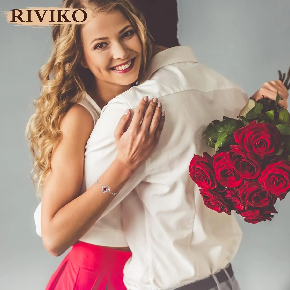 RIVIKO Love Heart Charm Bracelet For Women 925 Sterling Silver With Zirconia Birthstone Bracelets Adjustable Link for Mother Wife Sister Birthday Mother's Day Anniversary Jewelry Gift