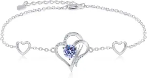 RIVIKO Love Heart Charm Bracelet For Women 925 Sterling Silver With Zirconia Birthstone Bracelets Adjustable Link for Mother Wife Sister Birthday Mother's Day Anniversary Jewelry Gift