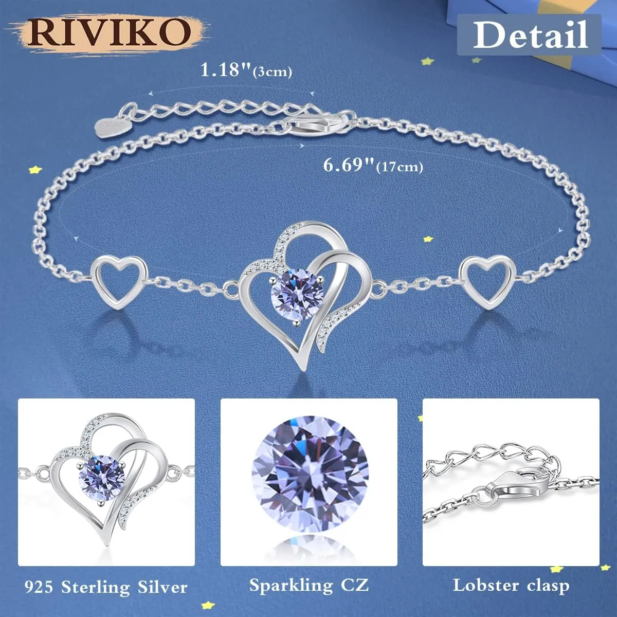 RIVIKO Love Heart Charm Bracelet For Women 925 Sterling Silver With Zirconia Birthstone Bracelets Adjustable Link for Mother Wife Sister Birthday Mother's Day Anniversary Jewelry Gift