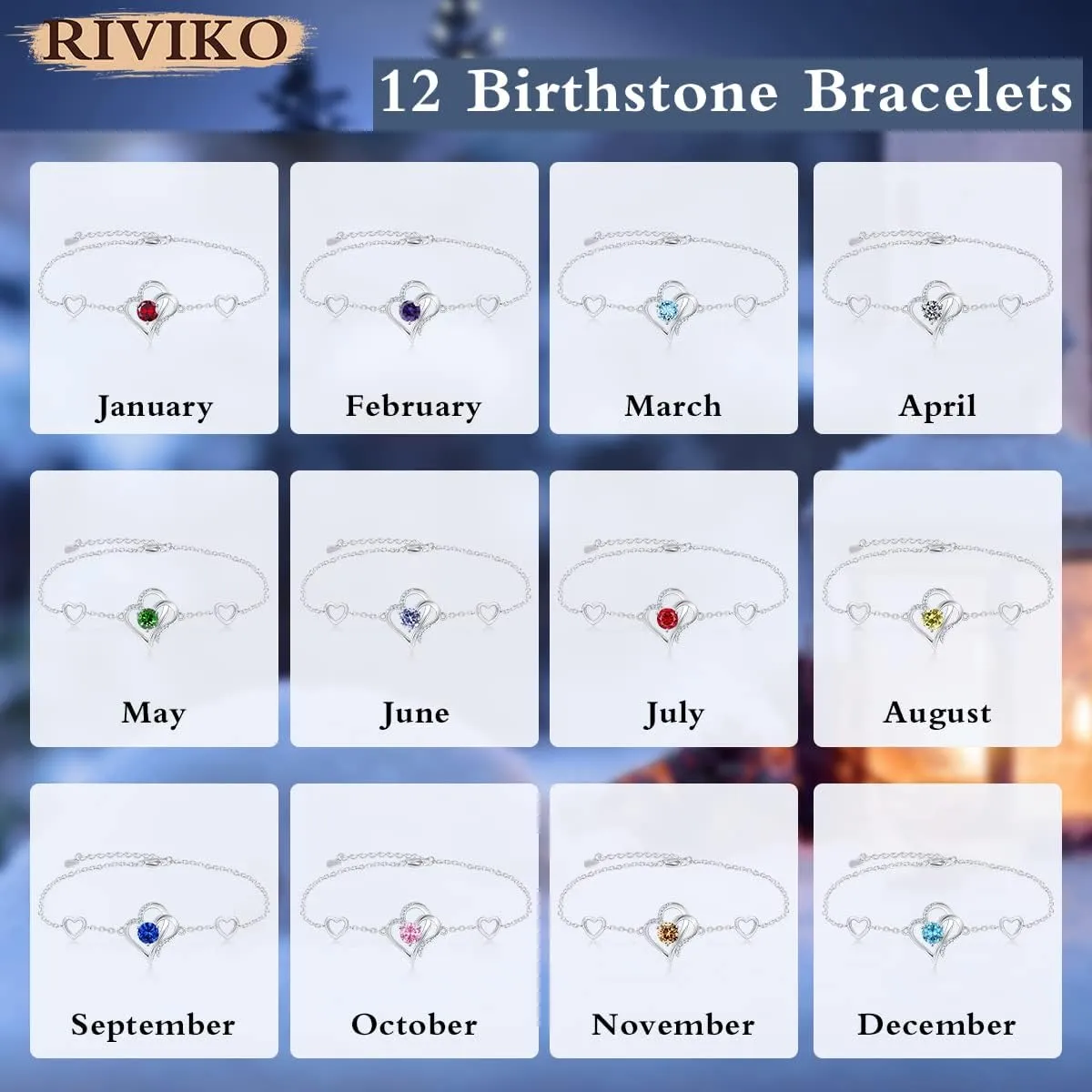 RIVIKO Love Heart Charm Bracelet For Women 925 Sterling Silver With Zirconia Birthstone Bracelets Adjustable Link for Mother Wife Sister Birthday Mother's Day Anniversary Jewelry Gift