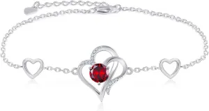 RIVIKO Love Heart Charm Bracelet For Women 925 Sterling Silver With Zirconia Birthstone Bracelets Adjustable Link for Mother Wife Sister Birthday Mother's Day Anniversary Jewelry Gift