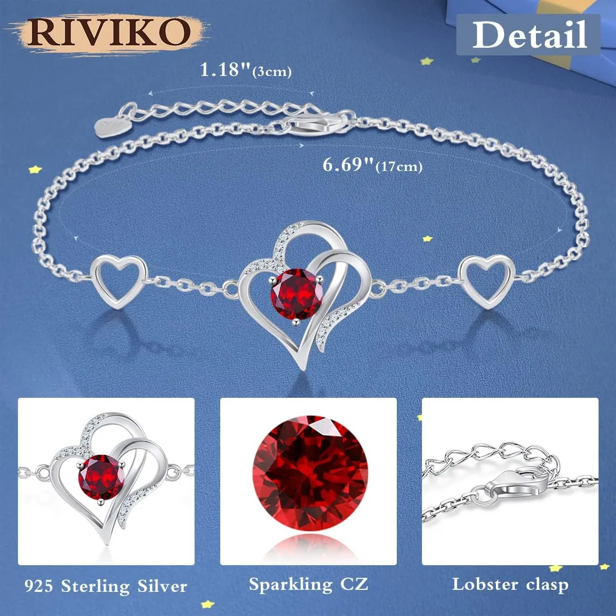 RIVIKO Love Heart Charm Bracelet For Women 925 Sterling Silver With Zirconia Birthstone Bracelets Adjustable Link for Mother Wife Sister Birthday Mother's Day Anniversary Jewelry Gift